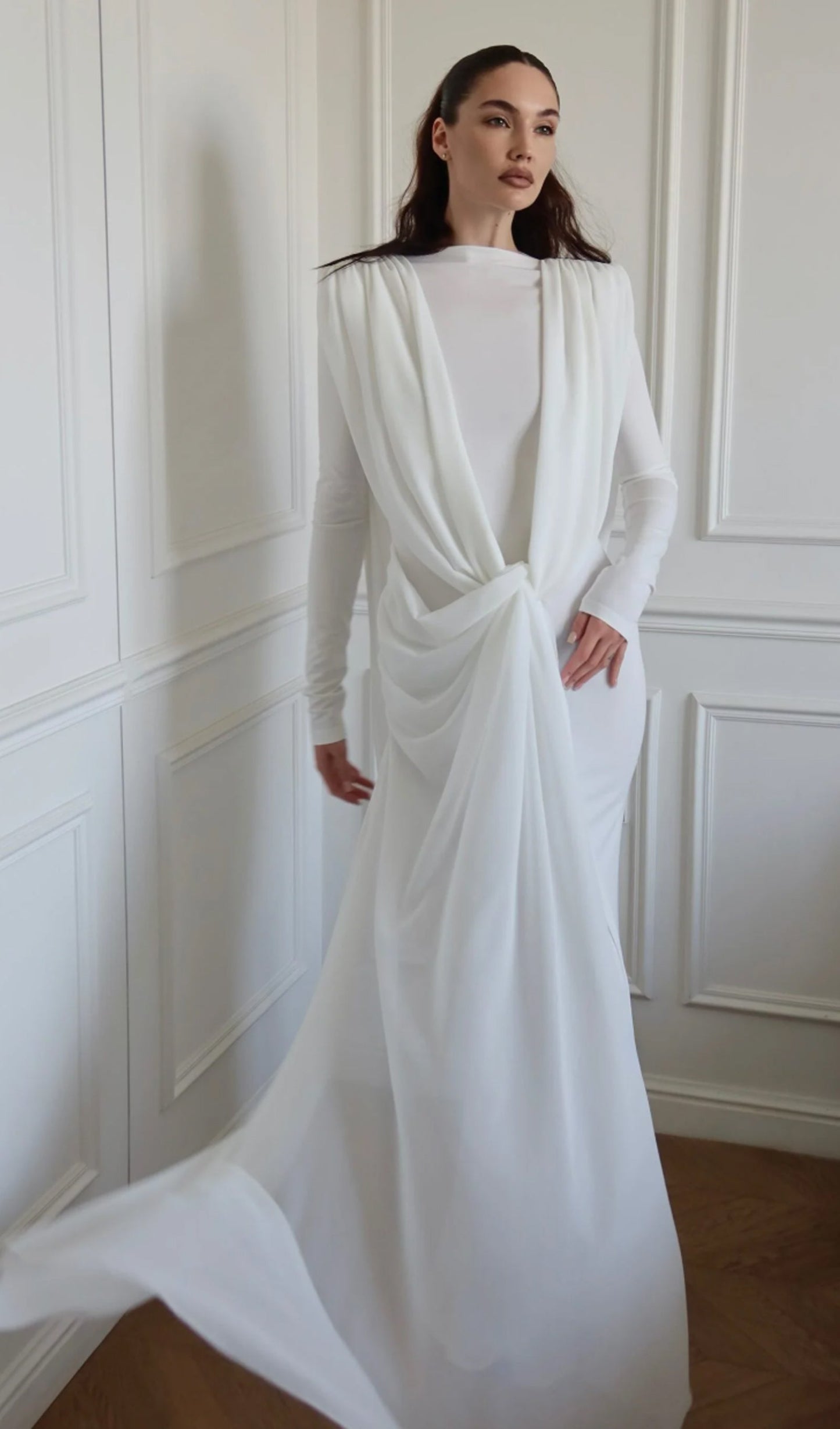 Shawl Ribbon Knotted Maxi Dress In White