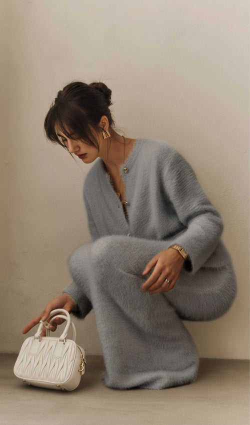 Fluffy Knitted Cardigan & Maxi Skirt Set In Grey