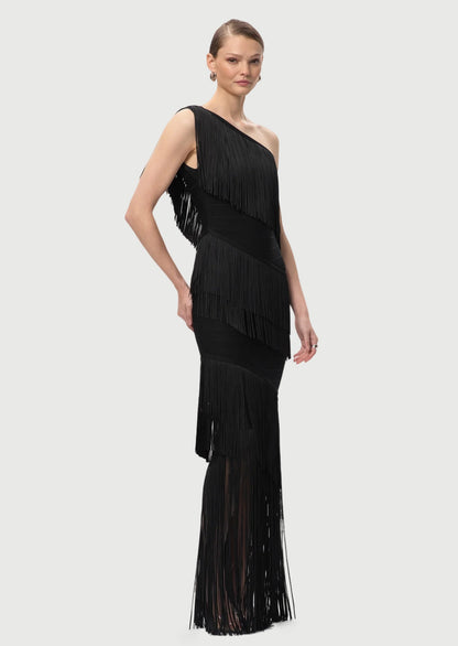 One Shoulder Cascading Fringe Maxi Dress