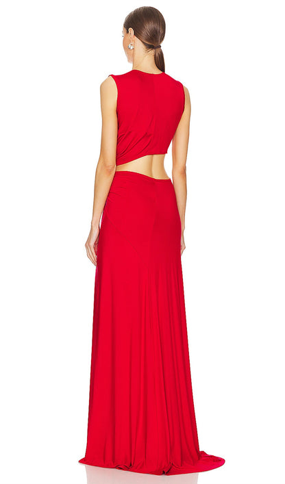 One-Shoulder Cut-Out Maxi Dress-Red