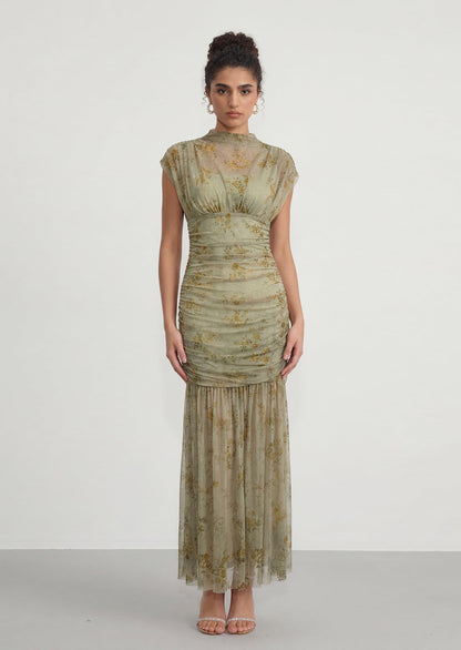 Haruna Floral Ruched Mesh Maxi Dress