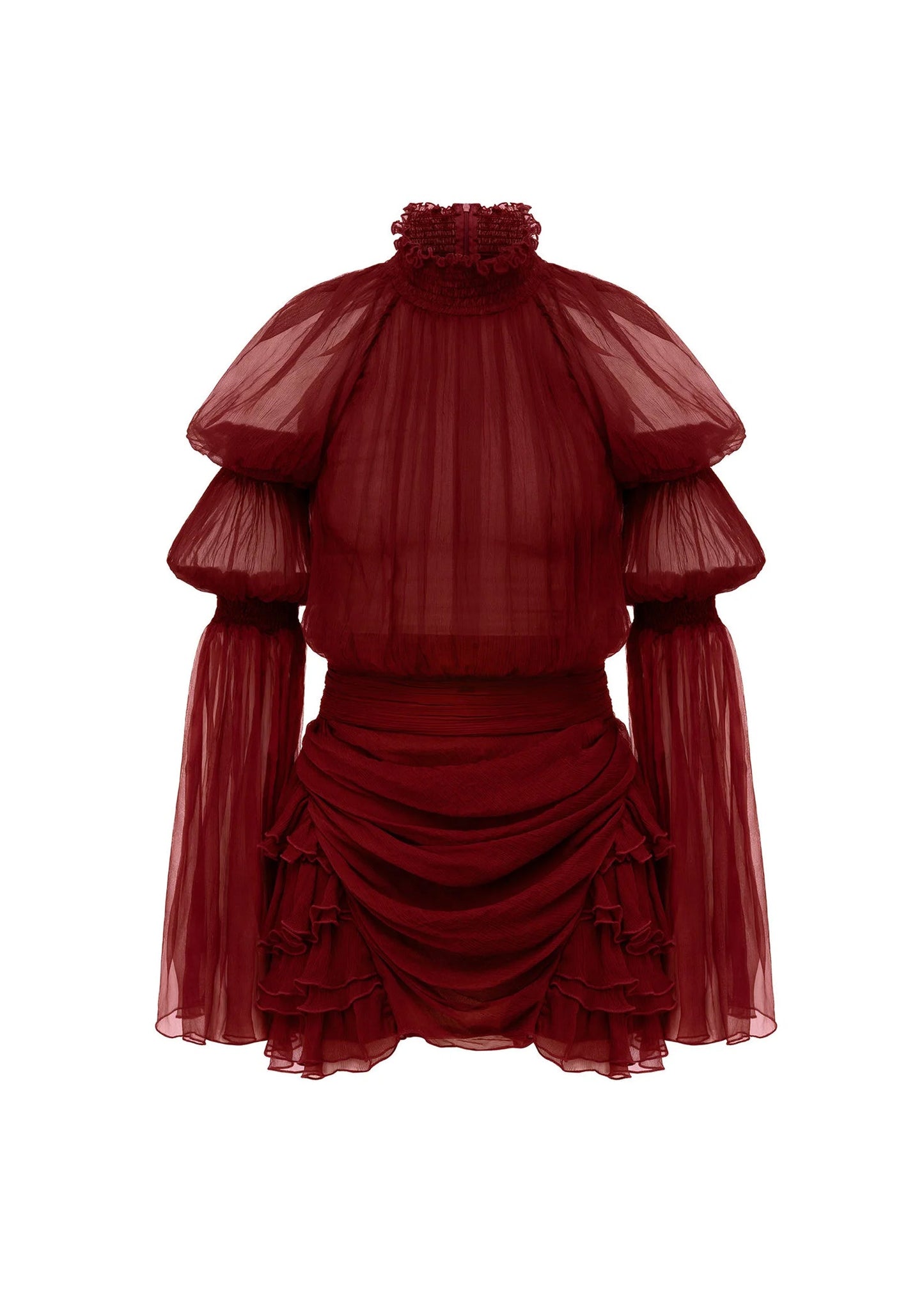 Pleated Silk-Chiffon Slit Mini Dress In Claret