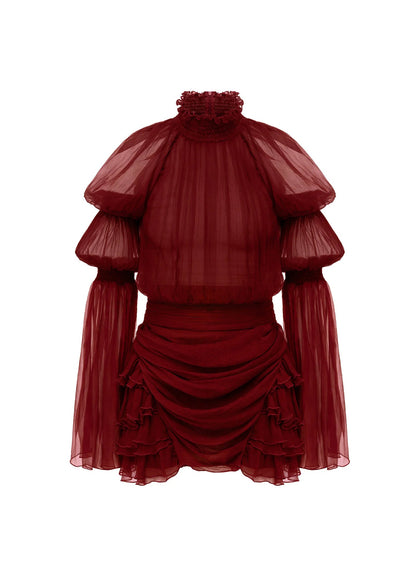 Pleated Silk-Chiffon Slit Mini Dress In Claret