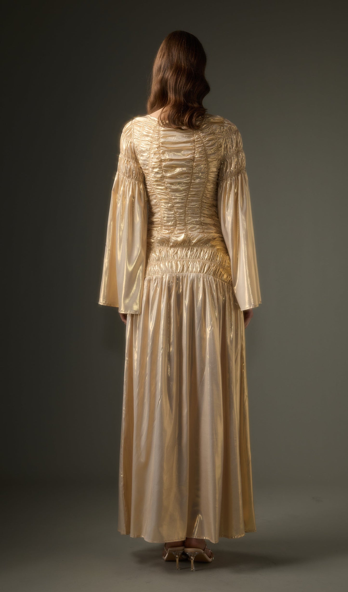 Solid Metallic Elasticated Gathers Maxi Dress