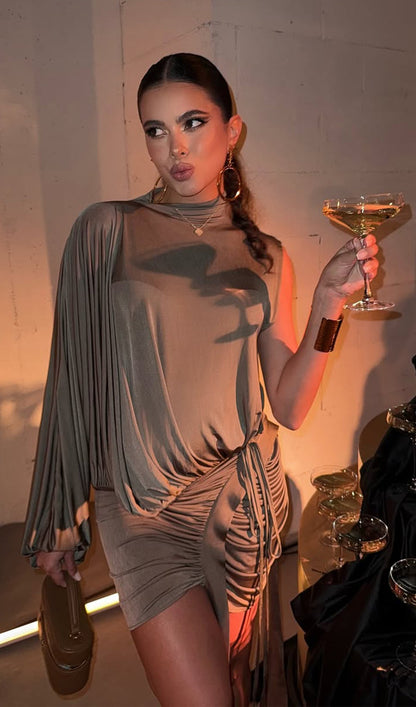One Shoulder Irregular Pleated Mini Skirt Set