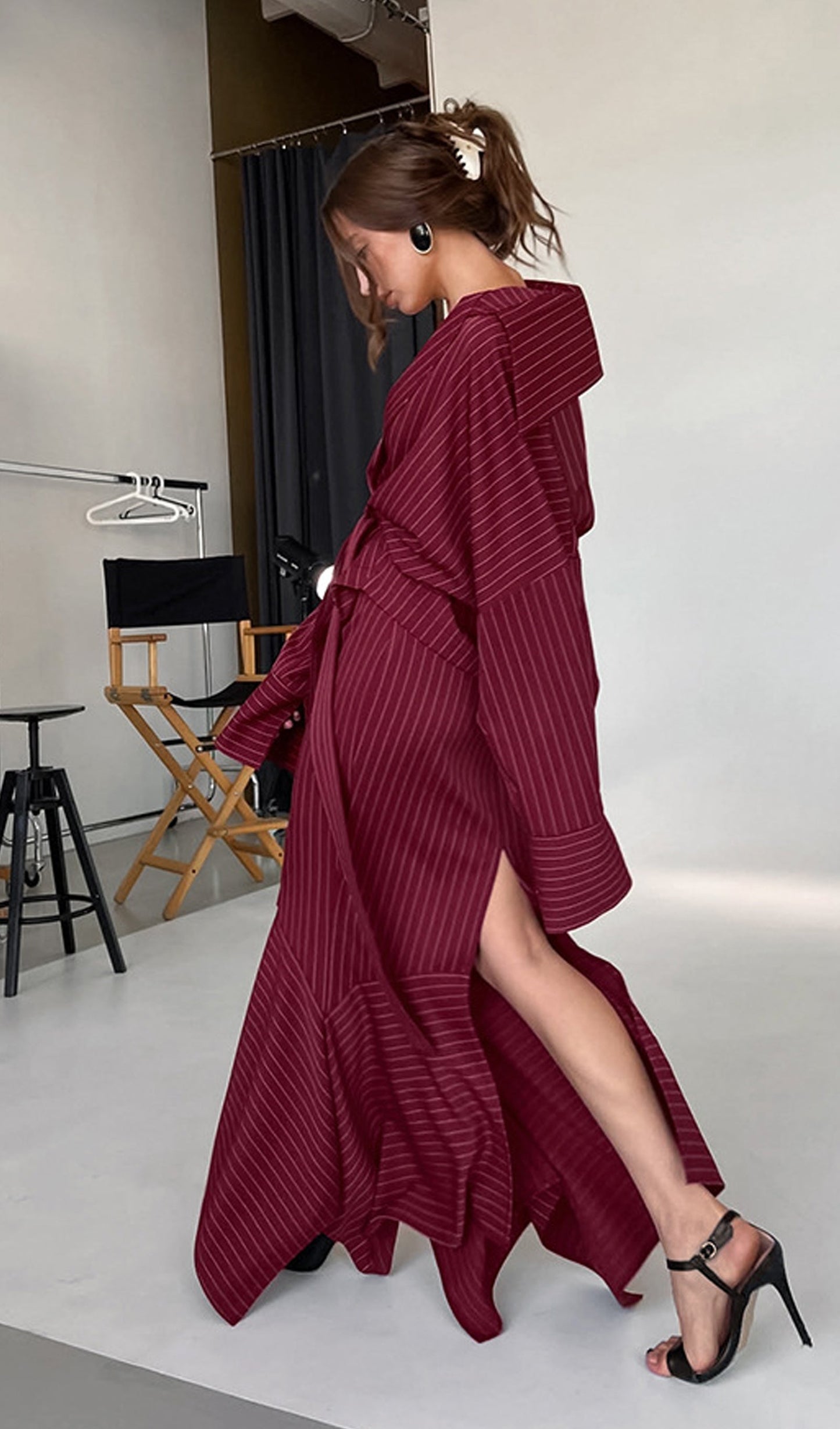 Striped Deep V Neck Tie-Up Maxi Skirt Two Piece Set