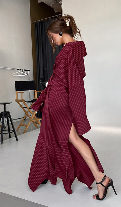Striped Deep V Neck Tie-Up Maxi Skirt Two Piece Set