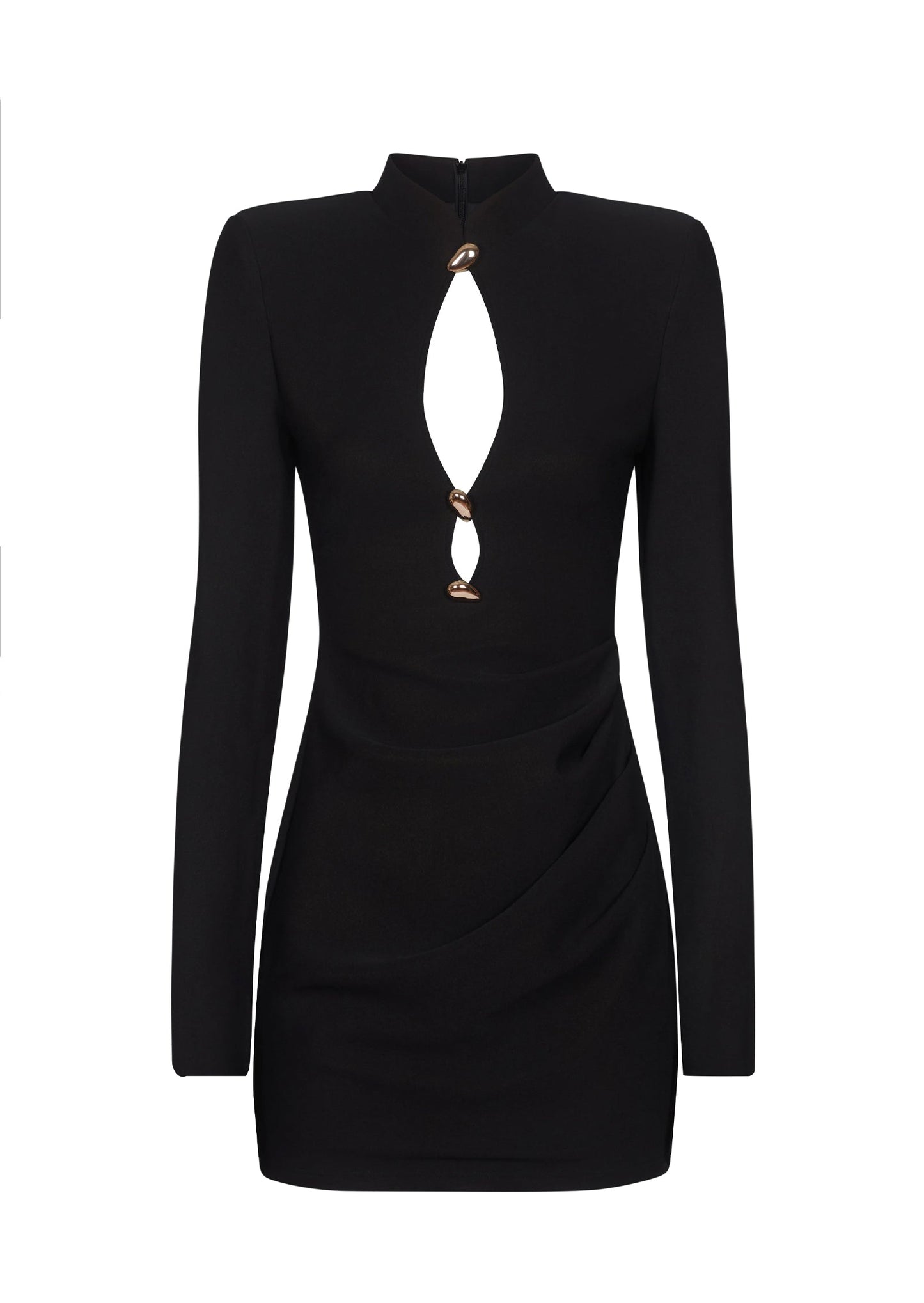 Long Sleeve Black Mini Dress With Gold Trims