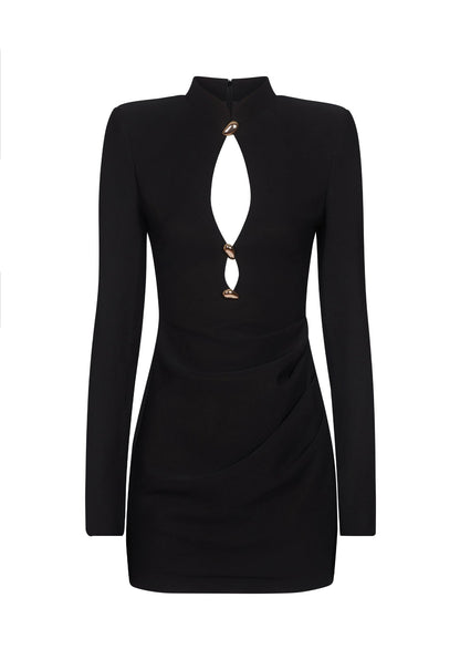 Long Sleeve Black Mini Dress With Gold Trims