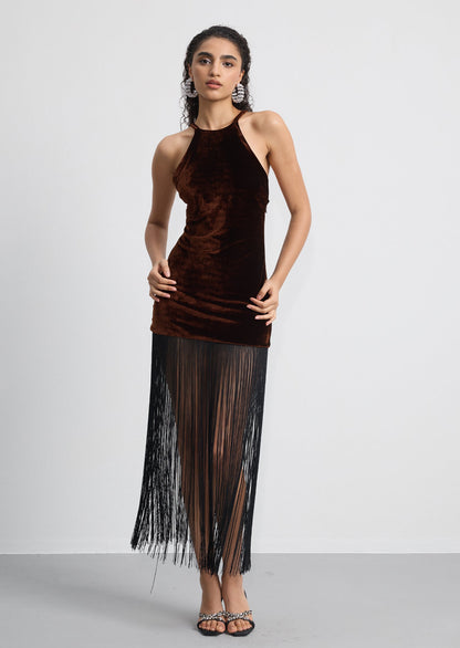 Velvet Fringed Midi Dress