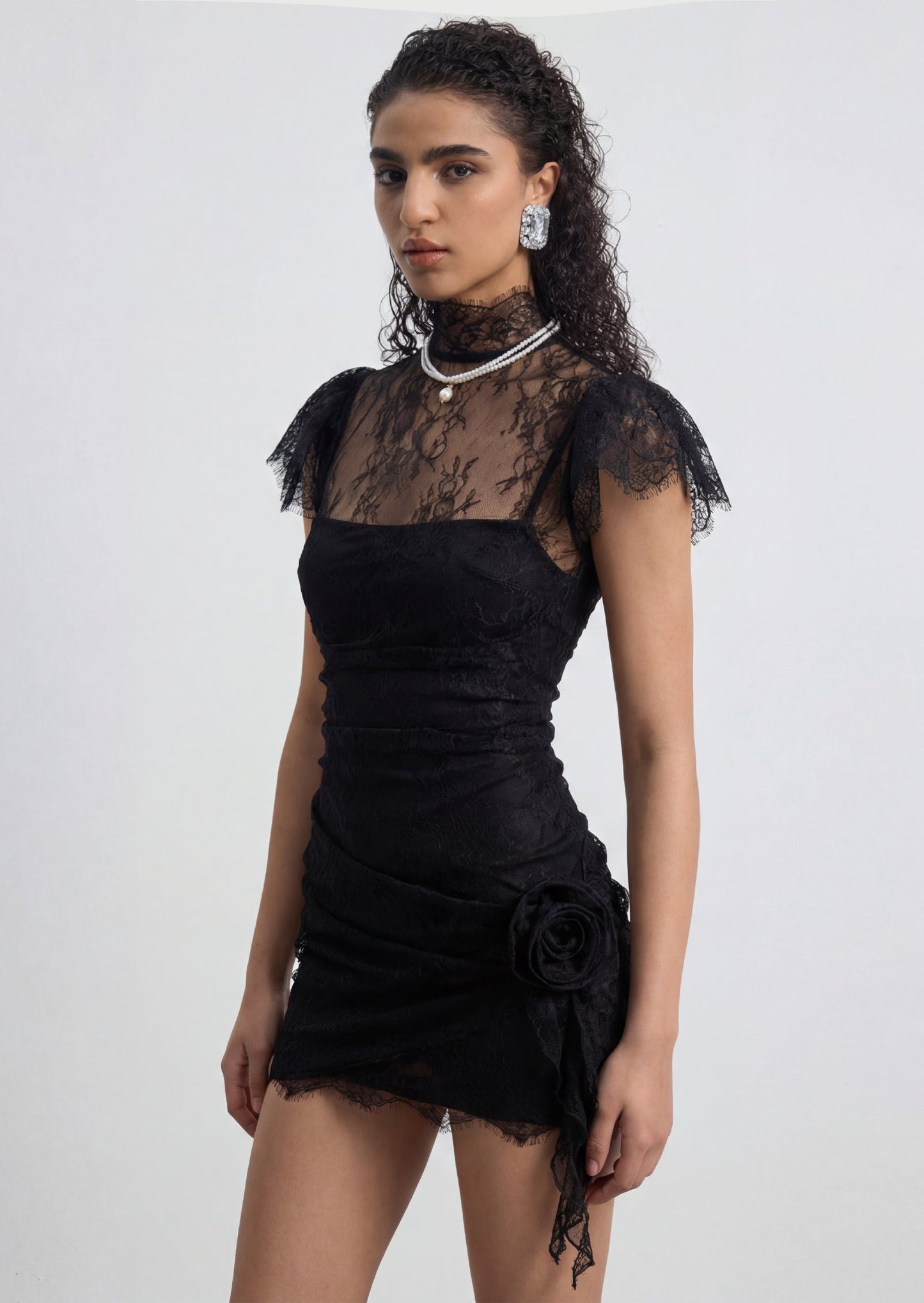 Ruched Mini Dress In Black Lace
