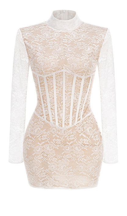 Mockneck Lace Mini Dress In White