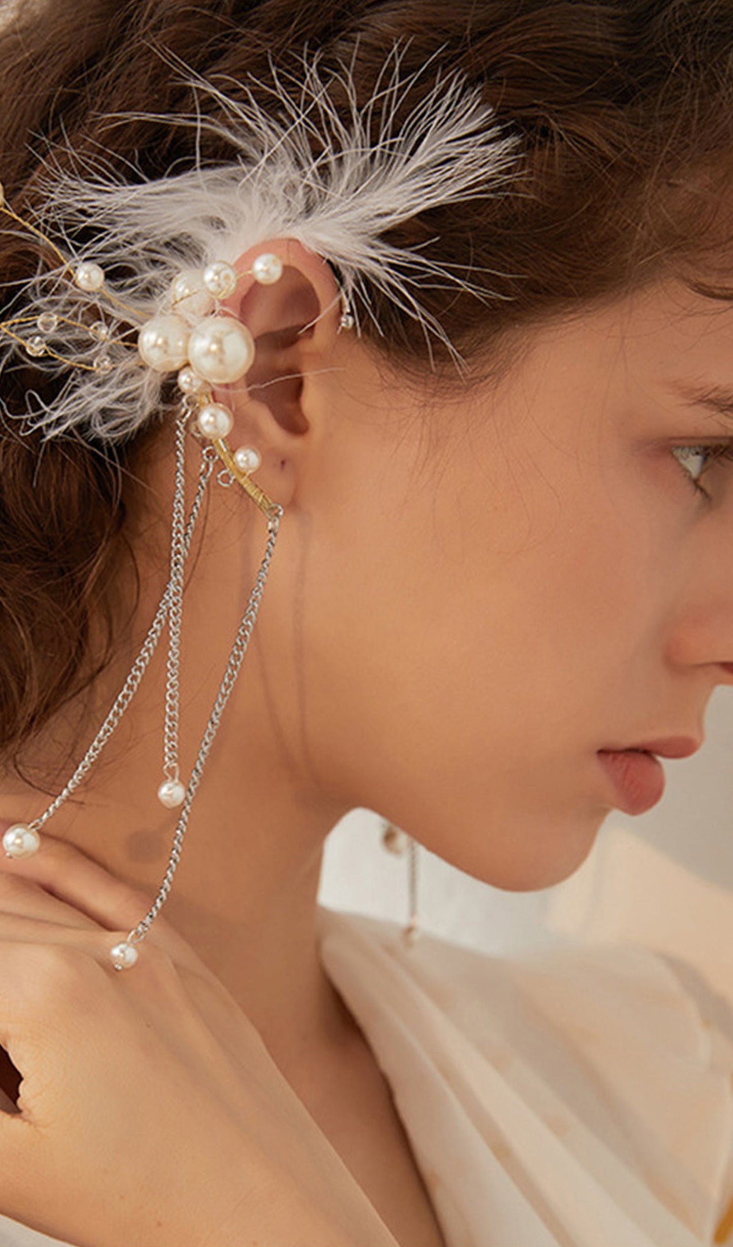 Feather Pearl Climber Tassel Cuff Single Earrings