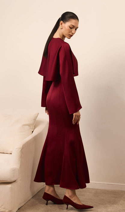 Maxi Dress With Voluminous Cape In Claret
