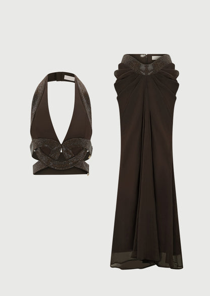 Satin And Diamante Halter Top & Ruched Skirt Set