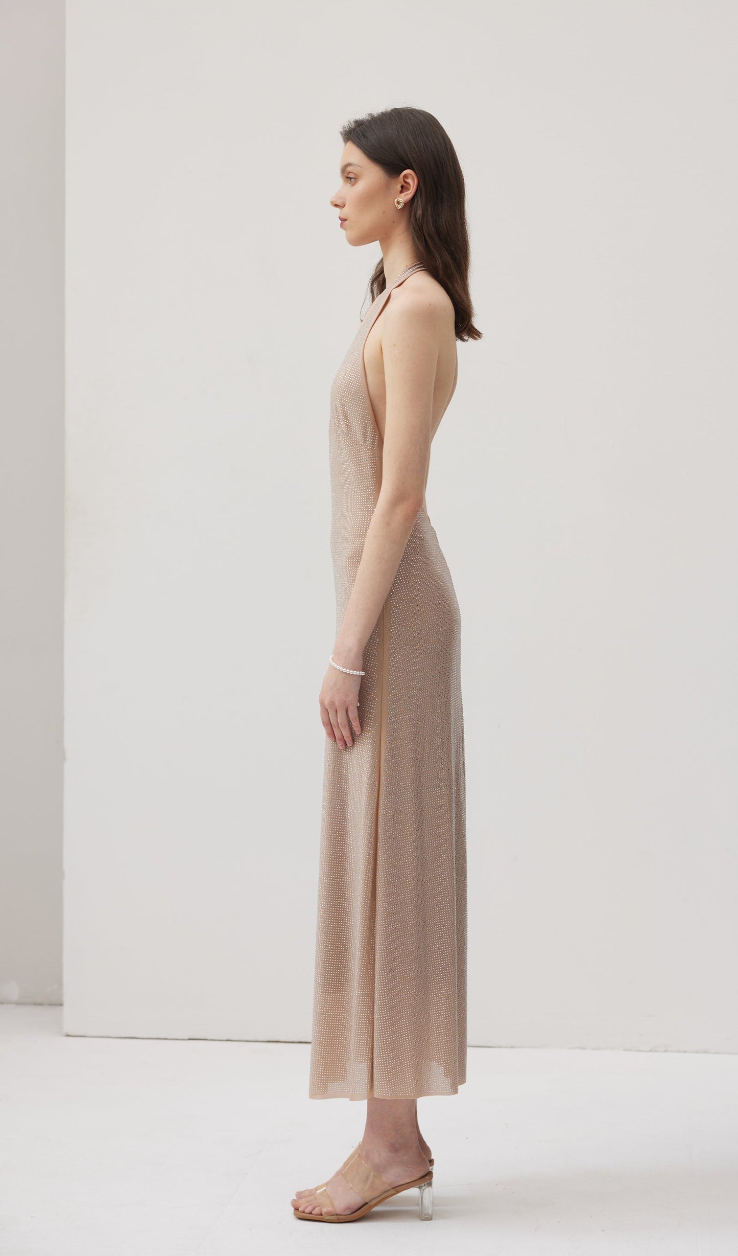 Diamante Halter Midi Dress - Nude