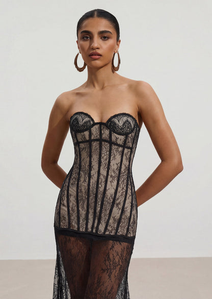 Strapless Black Floral Lace Corset Maxi Dress