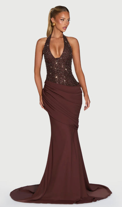 Embellished Pleated Asymmetric Draped Gown