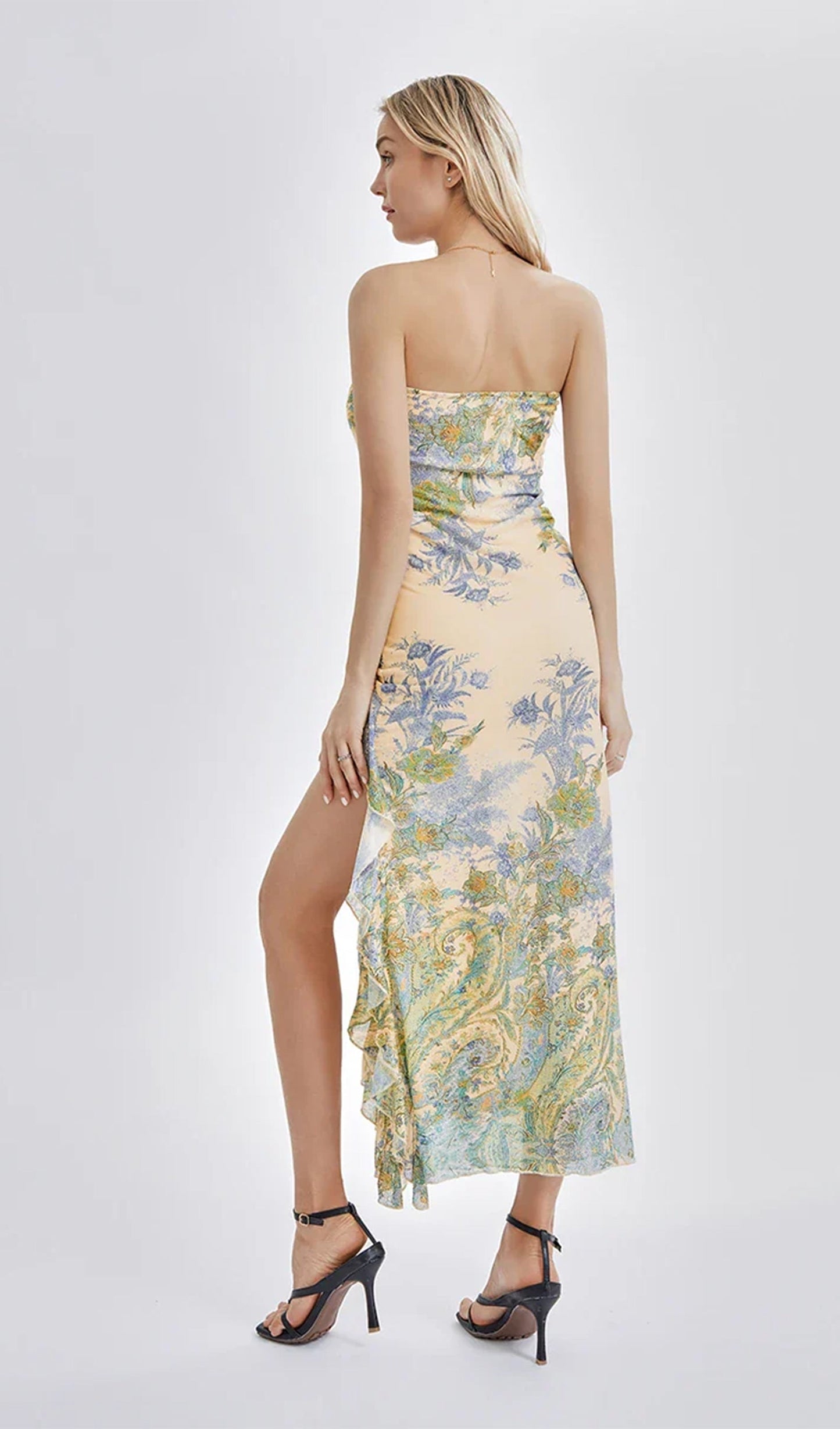 Printed Strapless Slit Midi Dress