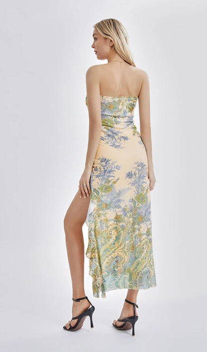 Printed Strapless Slit Midi Dress