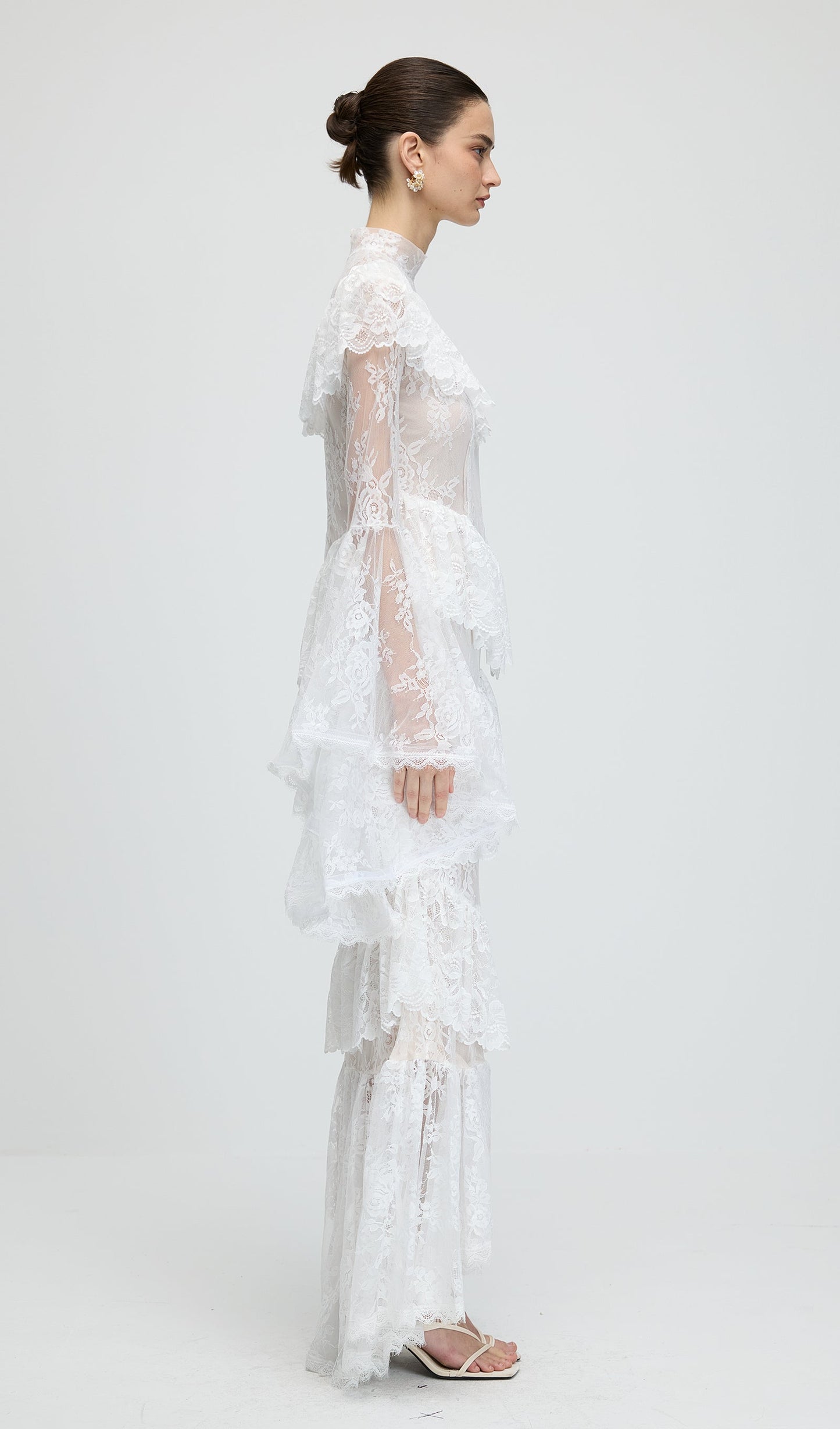 Floral Lace Ruffled Maxi Dress In White