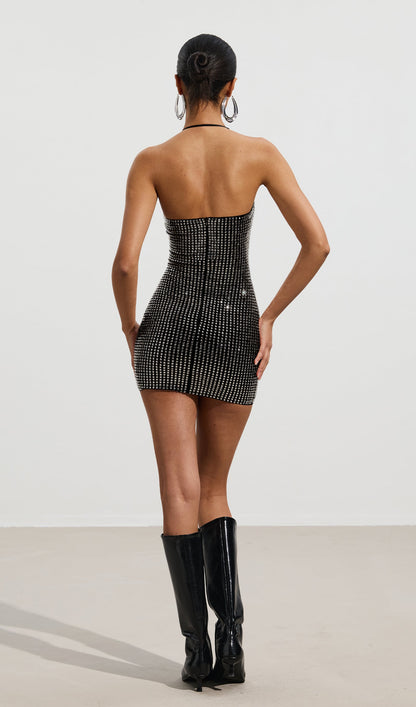 Embellished Halterneck Mini Dress In Black