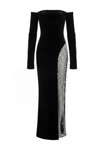 Jean Off Shoulder Velvet Maxi Dress In Black
