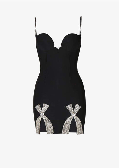Deco Bow Slit Mini Dress In Black