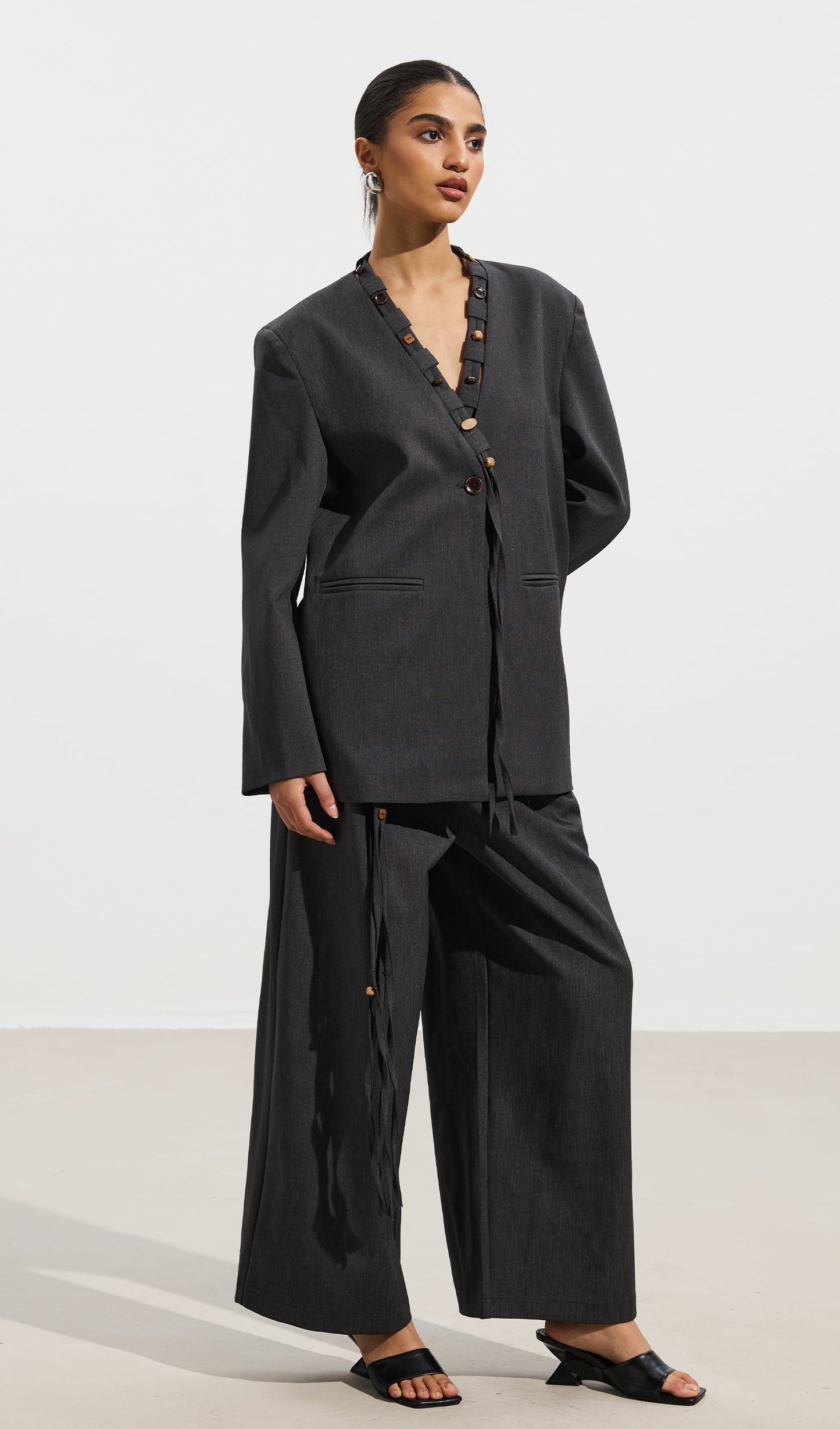 Wooden Button Top & Belted Suit Pants Set