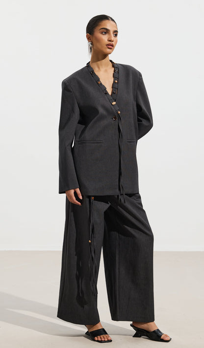 Wooden Button Top & Belted Suit Pants Set