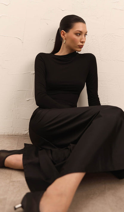 Combination Maxi Dress With Satin In Black