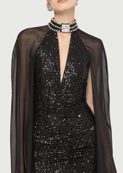 Layali Rose Cape Design Sequin Maxi Dress