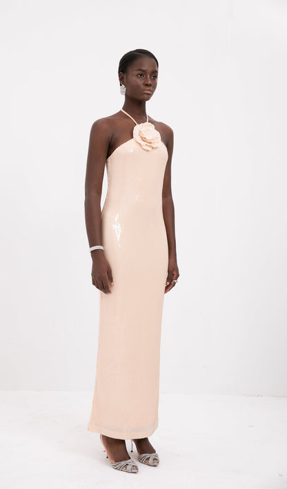 Trendy Floral Halter Neck Sequined Maxi Dress