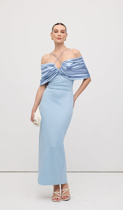 Off Shoulder Draped Satin Maxi Dress