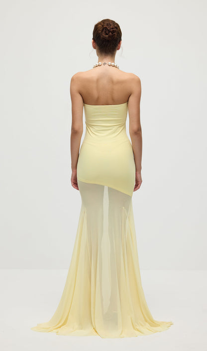 Off Shoulder Jersey With Mesh Maxi Dress In Yellow
