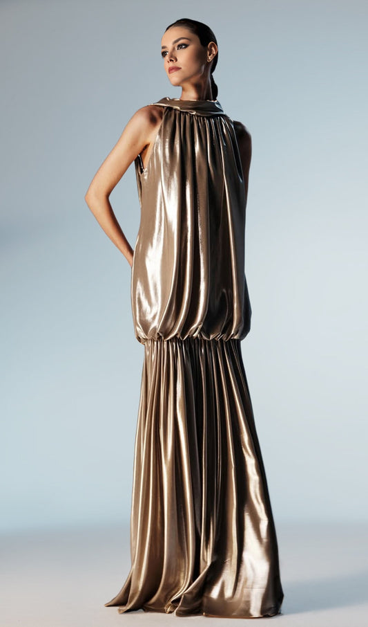 Draped Metallic Open Back Maxi Dress