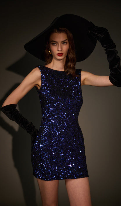 Cinematic Sequin Mini Dress In Navy