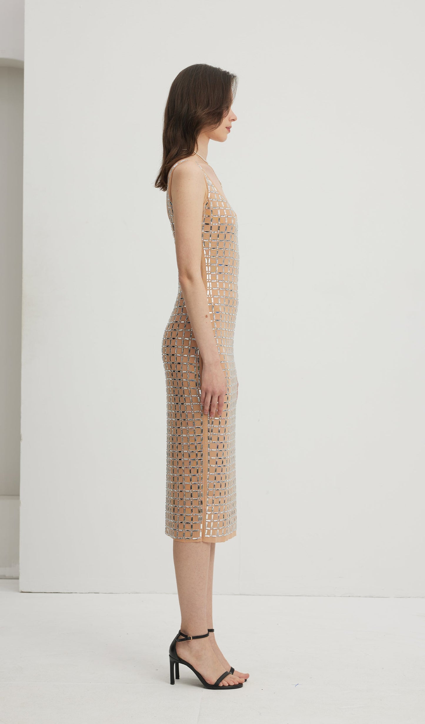Embellished Open-Back Midi Dress Nude