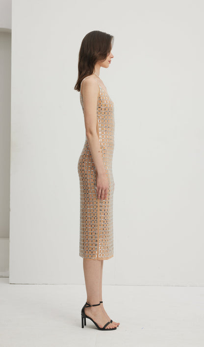 Embellished Open-Back Midi Dress Nude