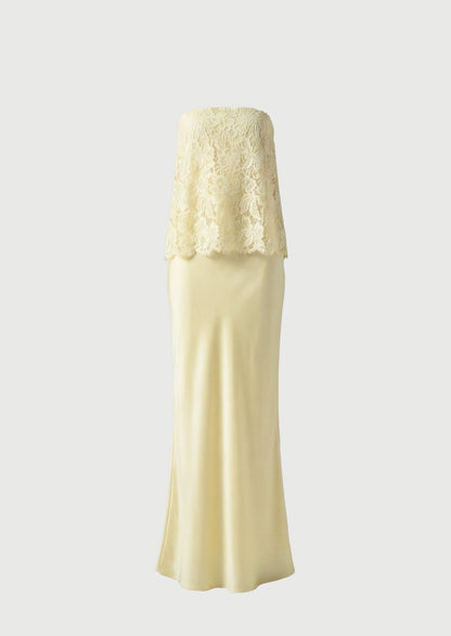 Crepe Strapless Bias Maxi Dress With Lace Overlay