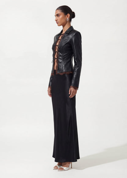 Faux Leather Tie Front Lace-Trim Top