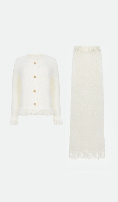Boucle Top &  Maxi Skirt Set With Fringe