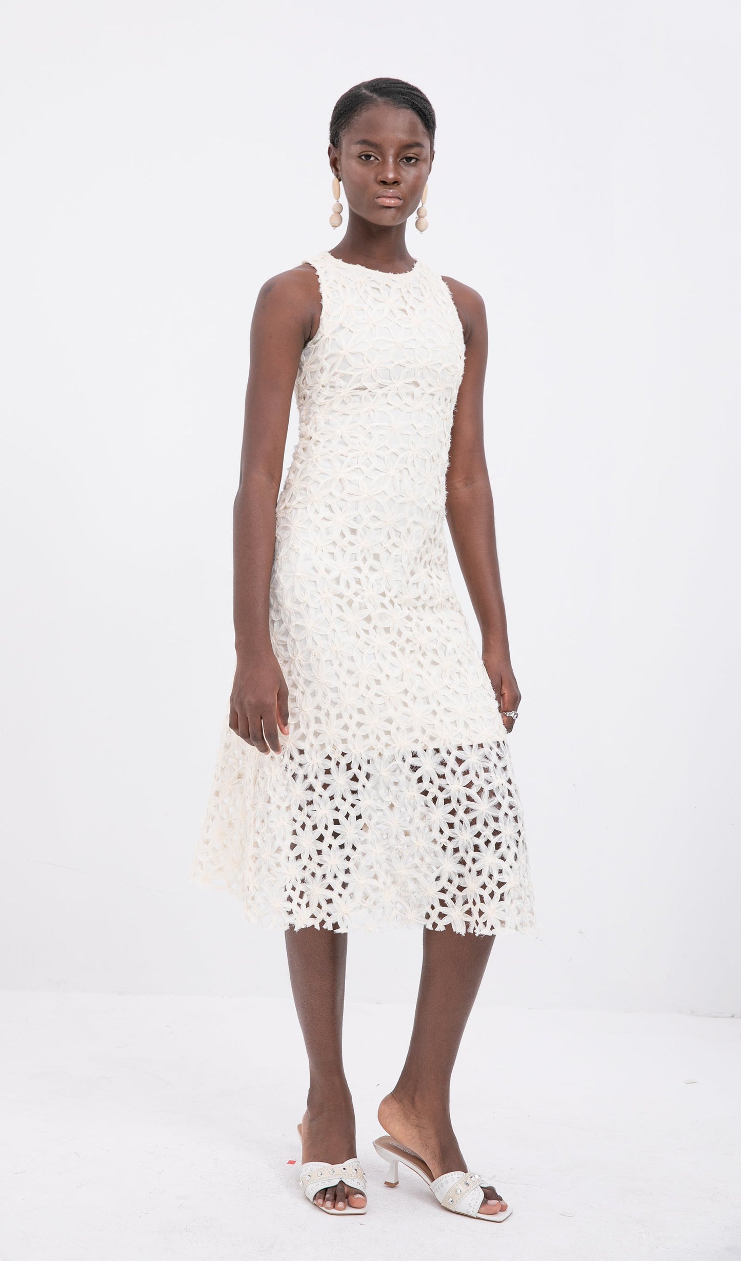 Trendy Sleeveless Texture Hollow Midi Dress