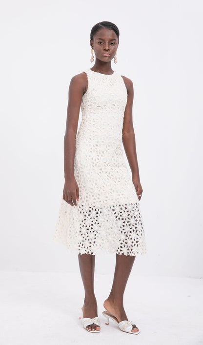 Trendy Sleeveless Texture Hollow Midi Dress