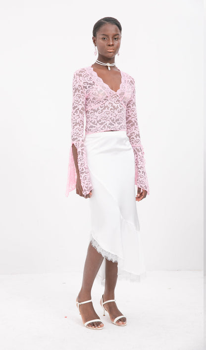 Trendy Satin Lace-Trim Midi Skirt-White