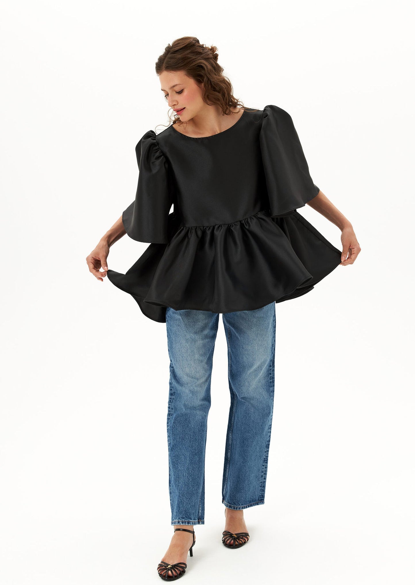 Puff Sleeve Ruffle Top In Black