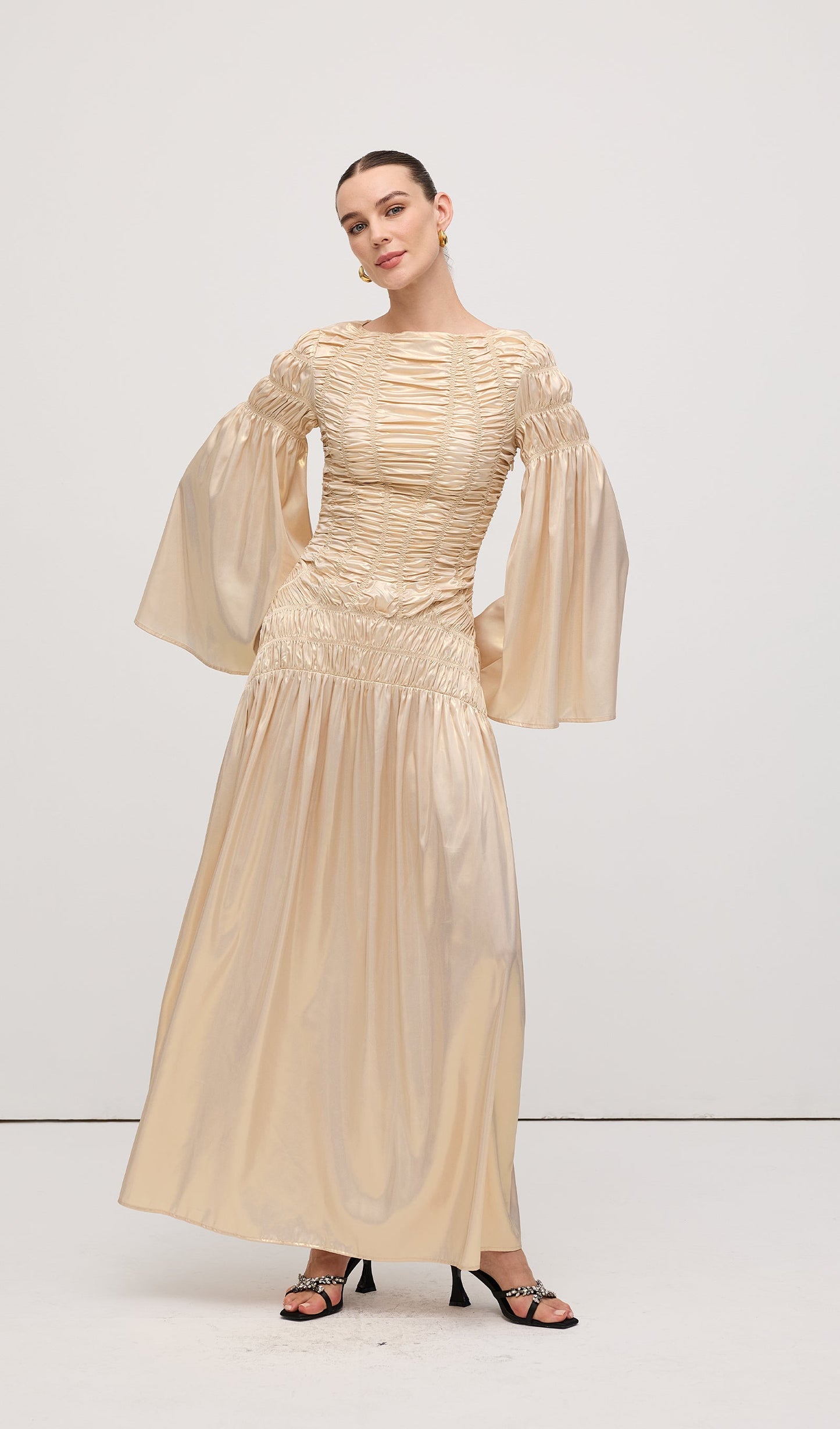 Metallic Elasticated Gathers Maxi Dress In Solid