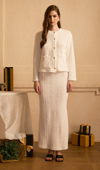 Fluffy Knitted Cardigan & Maxi Skirt Set White
