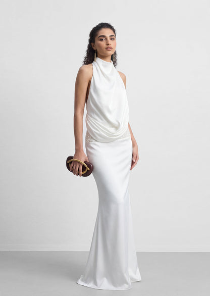 Armelle Satin Halter Maxi Dress In White