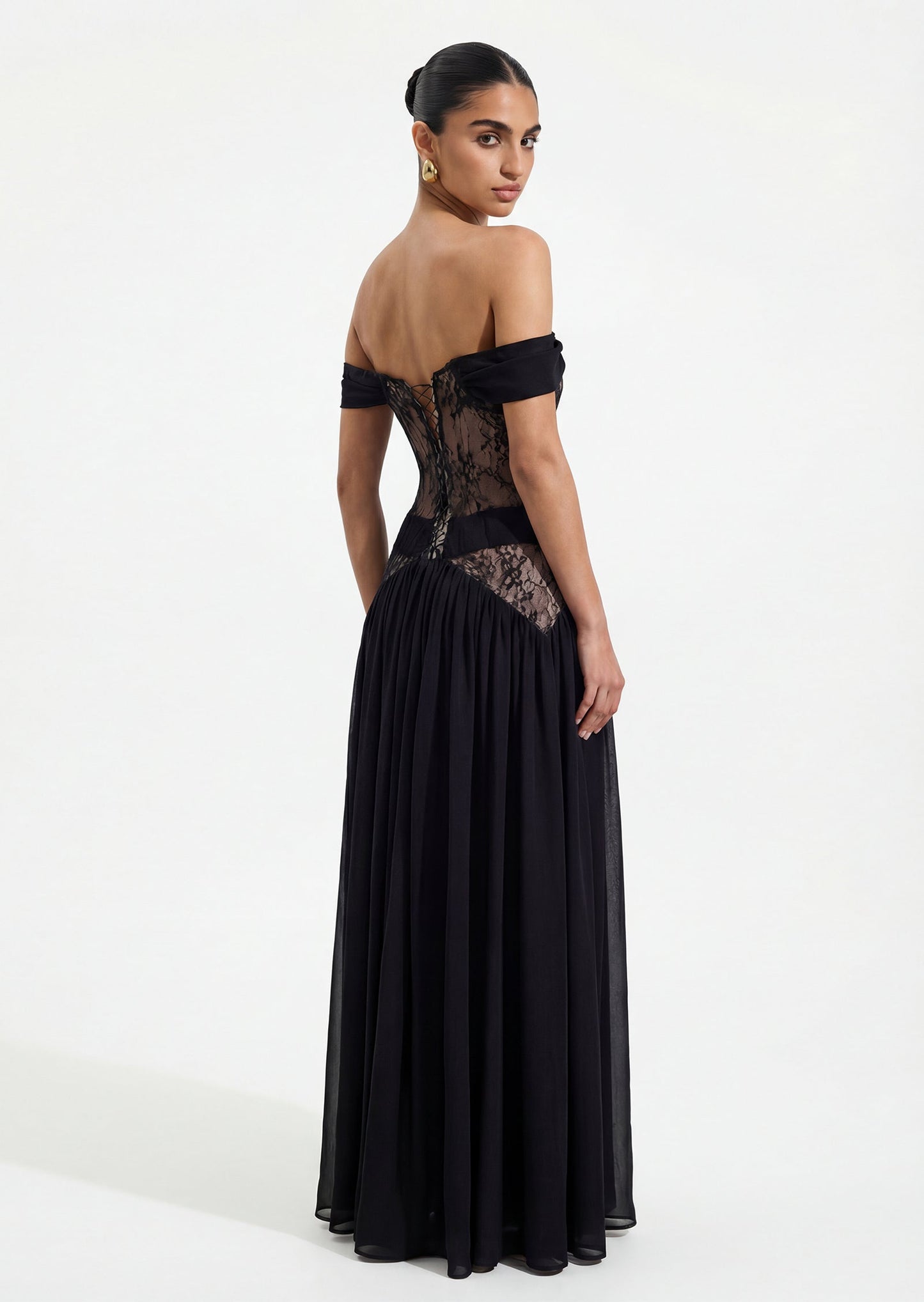Off Shoulder Lace Panel Inserts Draped Maxi Dress
